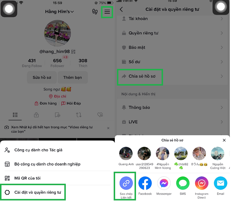 Sao chép liên kết tài khoản cá nhân tăng fl