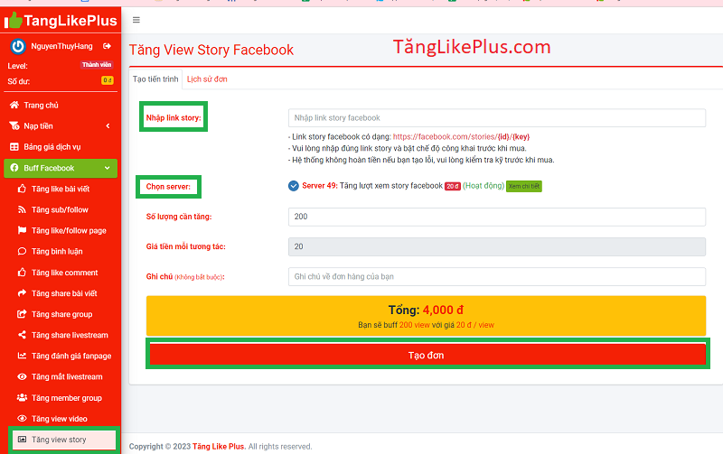 Dán link và thao tác tạo đơn tăng view story fb